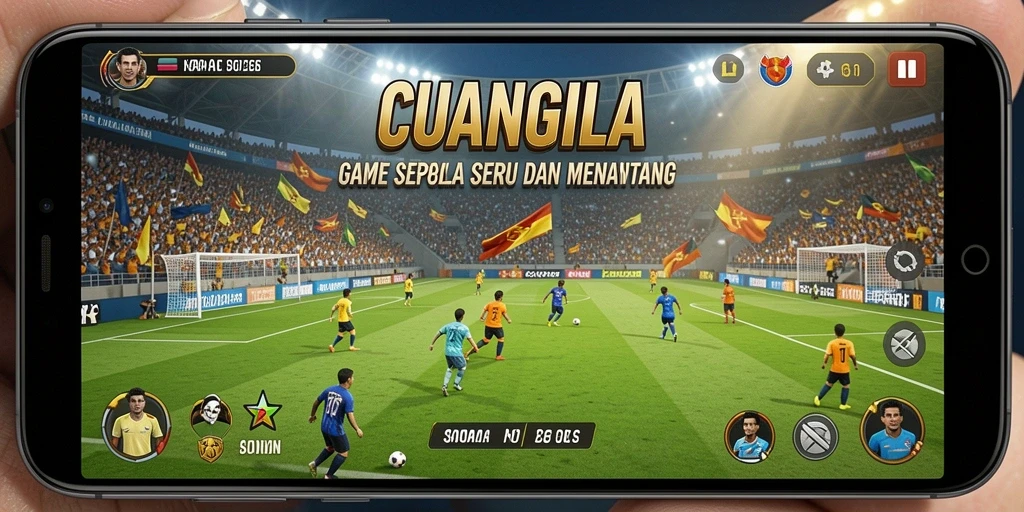 Tangkapan layar gameplay intens dalam CUANGILA, menampilkan aksi sepak bola yang mendebarkan.