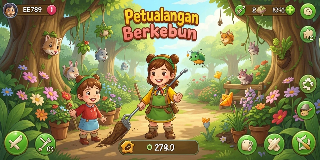 Screenshot gameplay EE789 menunjukkan kebun yang indah dan subur.