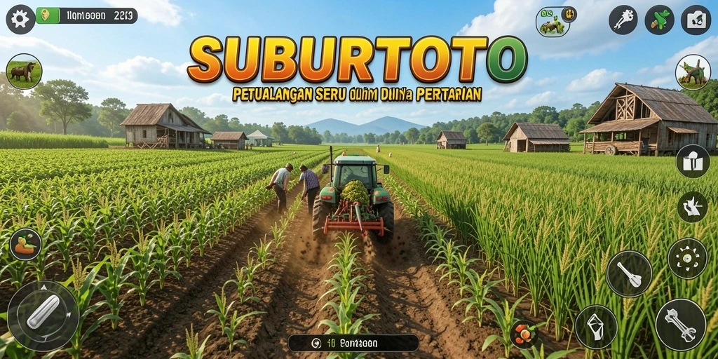 Tampilan gameplay SUBURTOTO dengan ladang subur dan hewan ternak.